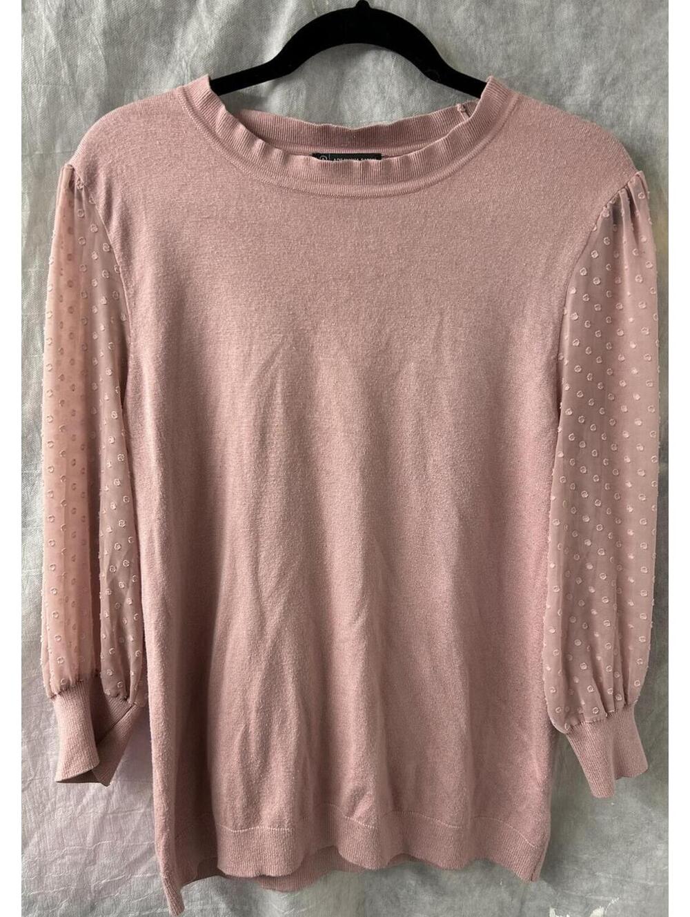 Adrianna Papell Women’s Pink Sweater Top Sheer Swiss Dot Puff Sleeve Size L